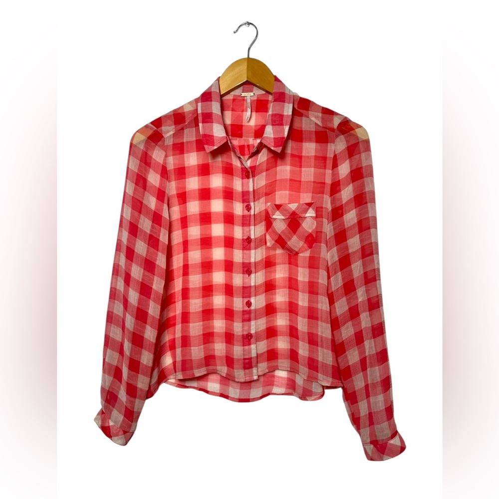 Free People Sheer Gingham Button Down Blouse Size XS | Farmhouse Cottage Fall - Picture 2 of 5